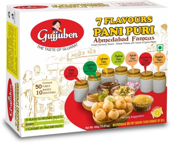 Gujjuben 7 Flavor Pani Puri Kit (50 puri pellet) ready to fry