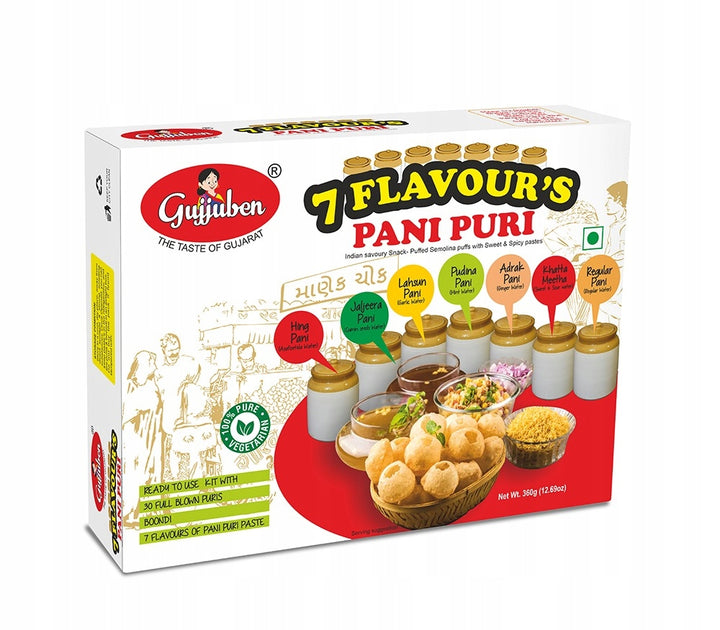 Gujjuben 7 Flavor Pani Puri Kit (30 puri) ready to fry