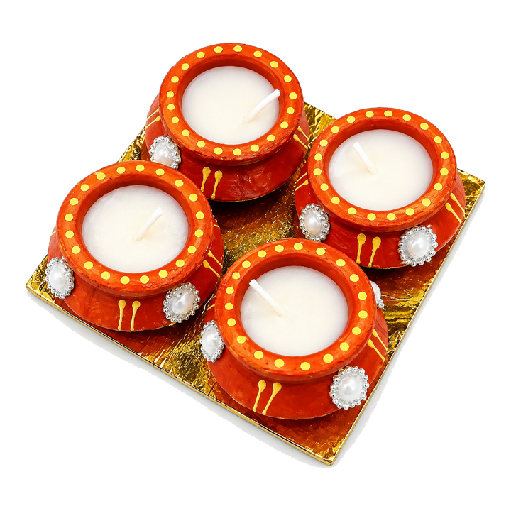 Czerwone Handi Diya z woskiem zestaw 4 sztuk CD-260B